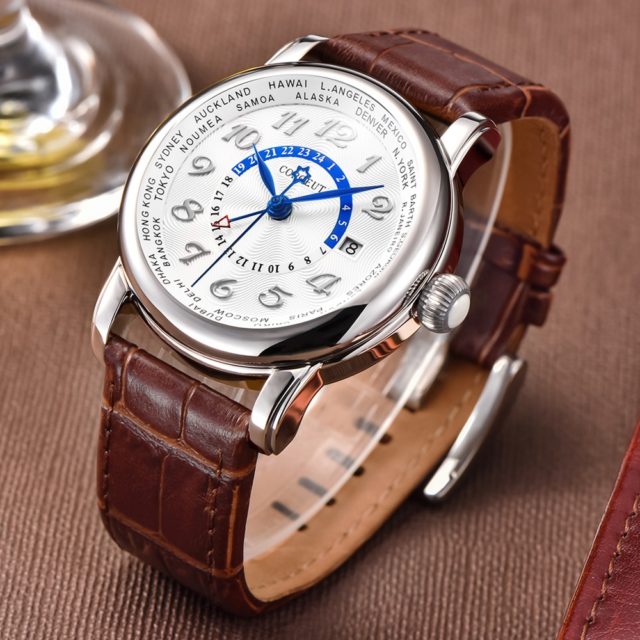 Corgeut Luxury Brand Mechanical Watch Fashion Leather Top Dual time zone GMT Automatic Men Watch Leather Mechanical Wrist Watch