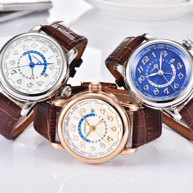 Corgeut Luxury Brand Mechanical Watch Fashion Leather Top Dual time zone GMT Automatic Men Watch Leather Mechanical Wrist Watch